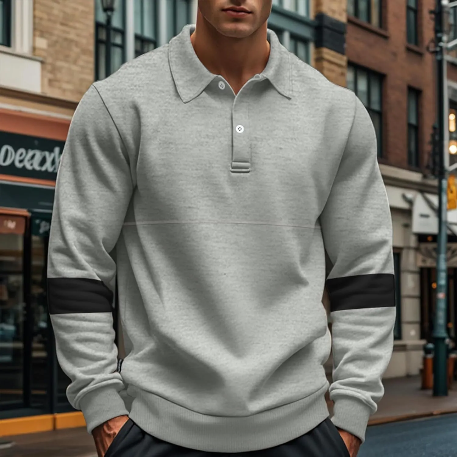 Mens Quarter Sweatshirt Casual Long Sleeve Polo Collar Quilted Sweatshirt Striped Button Pullover Shirts