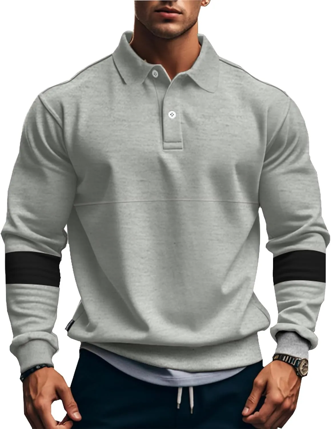 Mens Quarter Sweatshirt Casual Long Sleeve Polo Collar Quilted Sweatshirt Striped Button Pullover Shirts
