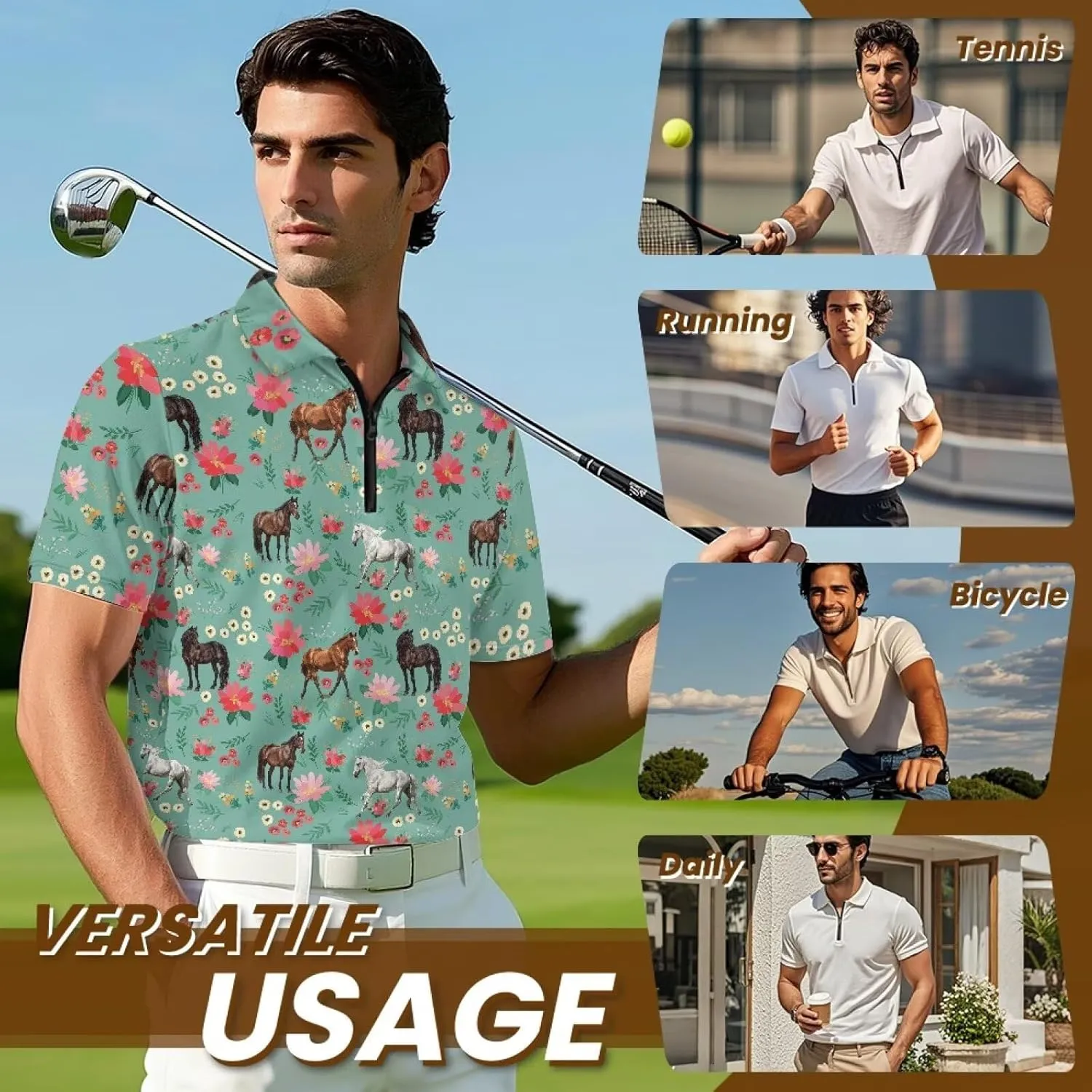 Men's Short Sleeve Shirt Zipper Collar Golf Shirt Summer Quick Dry Athletic Tops Slim Fit Sports Tennis Shirts