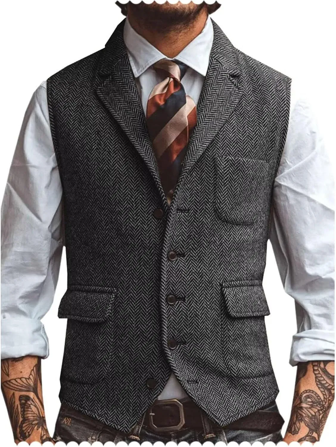 Men's Suit Vest Lapel Herringbone Tweed Business Formal Dress Waistcoat