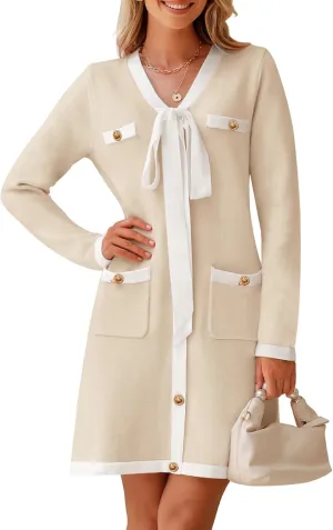 MEROKEETY Women Long Sleeve Color Block Sweater Dress Button Bow Tie Elegant Formal Work Mini Dresses