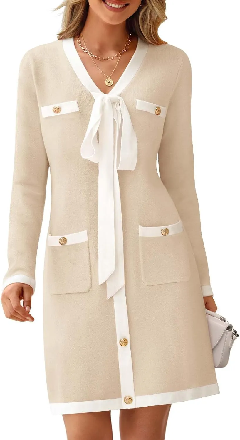 MEROKEETY Women Long Sleeve Color Block Sweater Dress Button Bow Tie Elegant Formal Work Mini Dresses