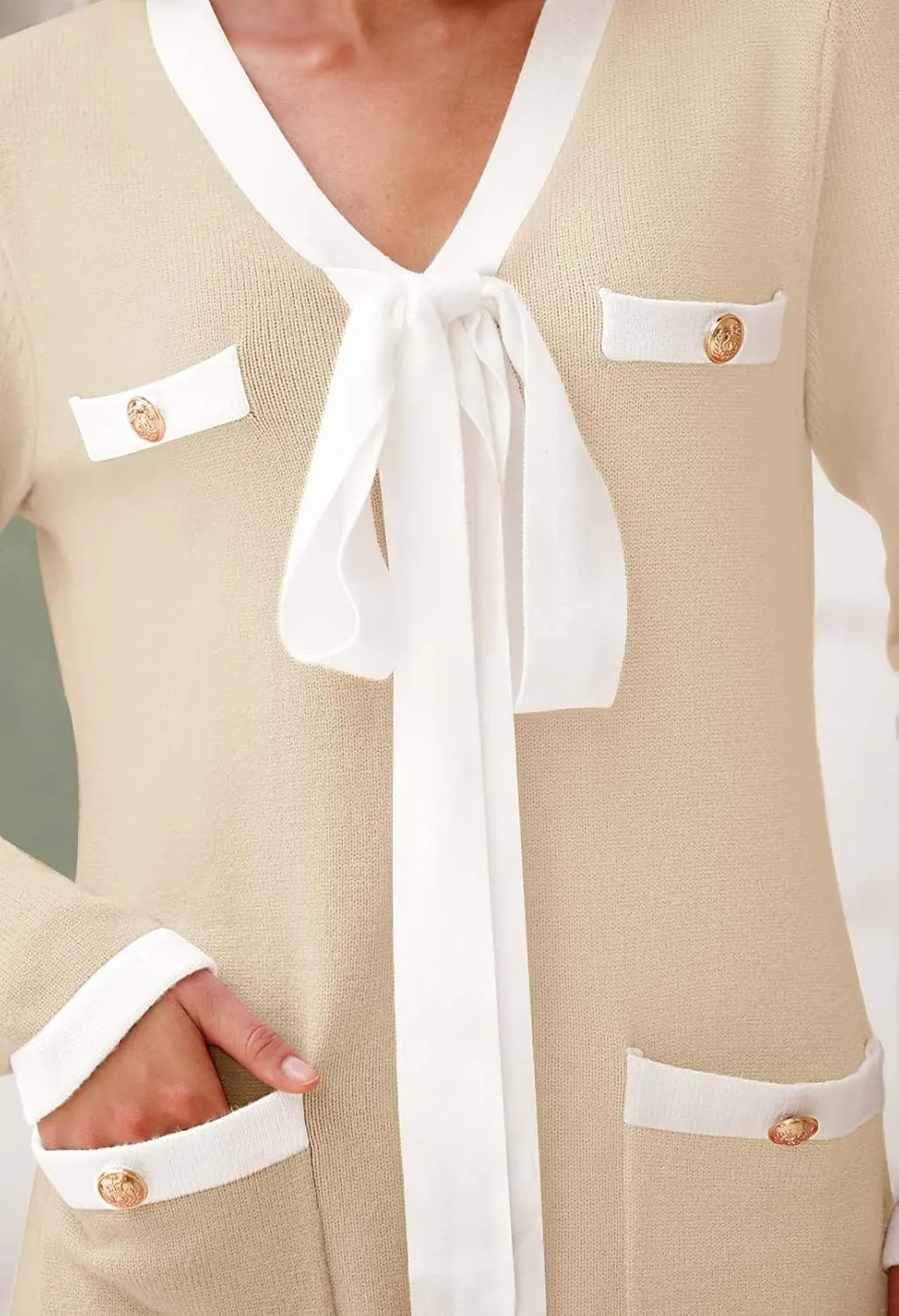 MEROKEETY Women Long Sleeve Color Block Sweater Dress Button Bow Tie Elegant Formal Work Mini Dresses