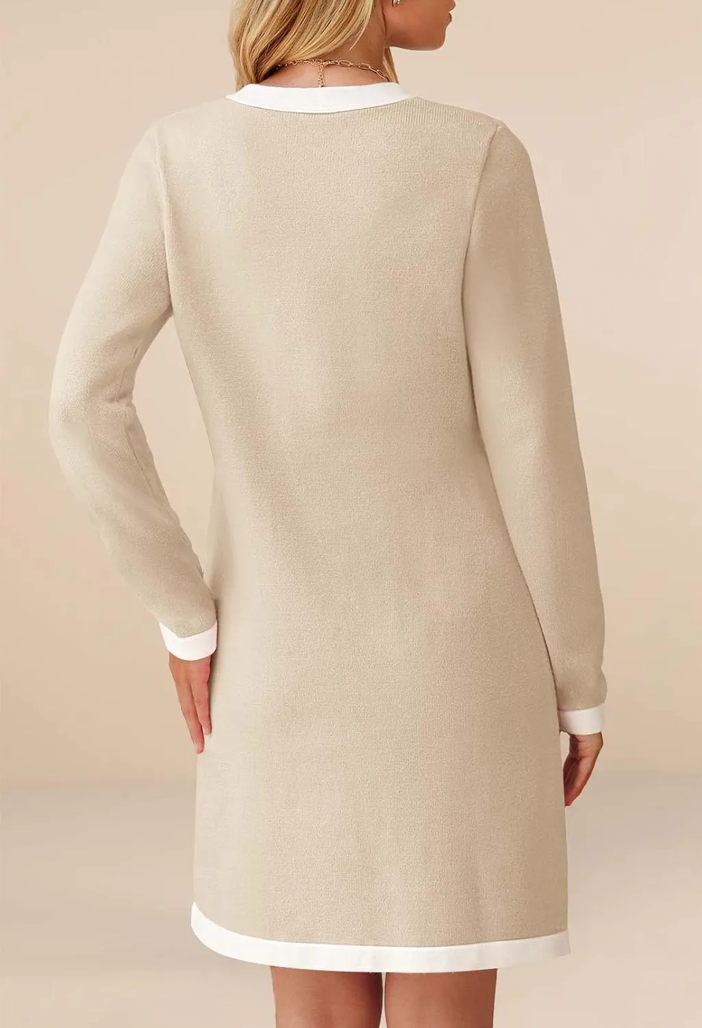 MEROKEETY Women Long Sleeve Color Block Sweater Dress Button Bow Tie Elegant Formal Work Mini Dresses