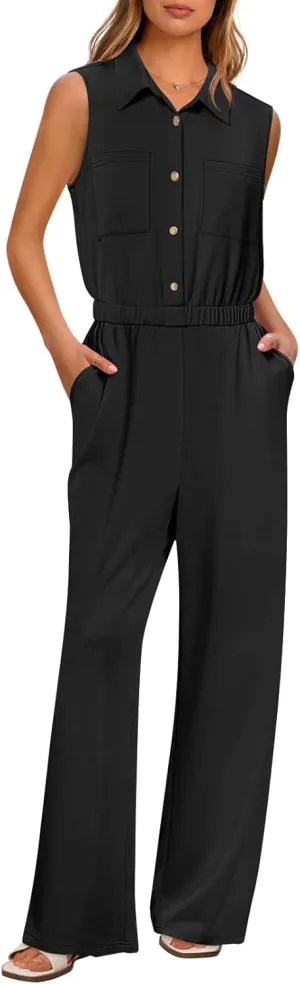 MEROKEETY Women's Summer Jumpsuits Dressy Casual One Piece Outfits Sleeveless Wide Leg Button Romper