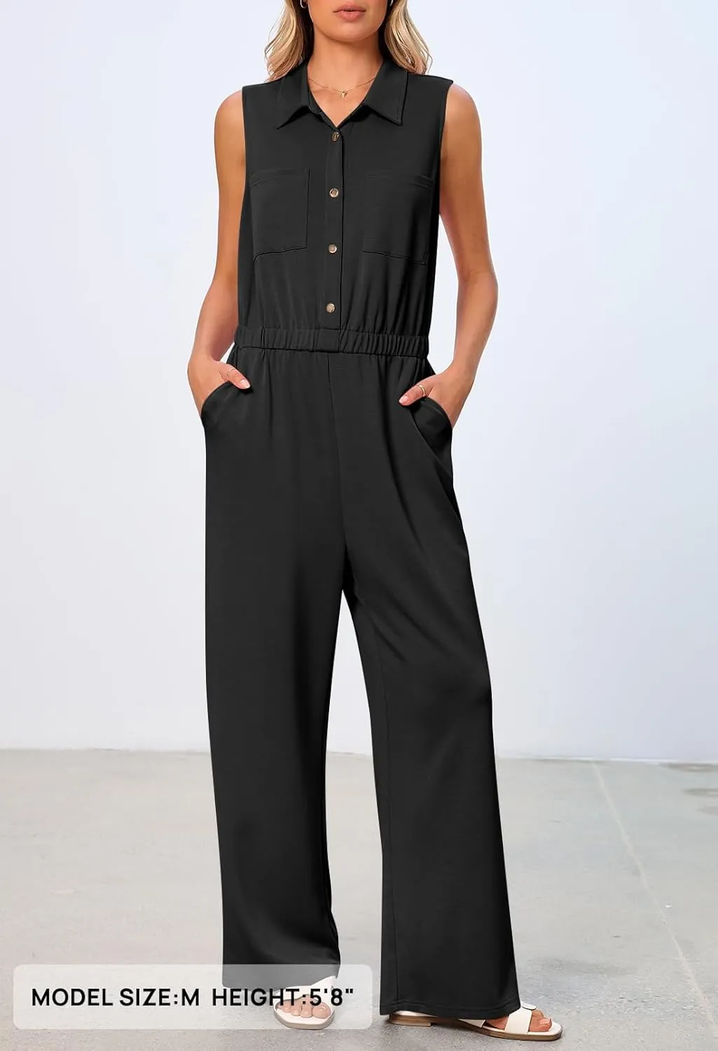 MEROKEETY Women's Summer Jumpsuits Dressy Casual One Piece Outfits Sleeveless Wide Leg Button Romper
