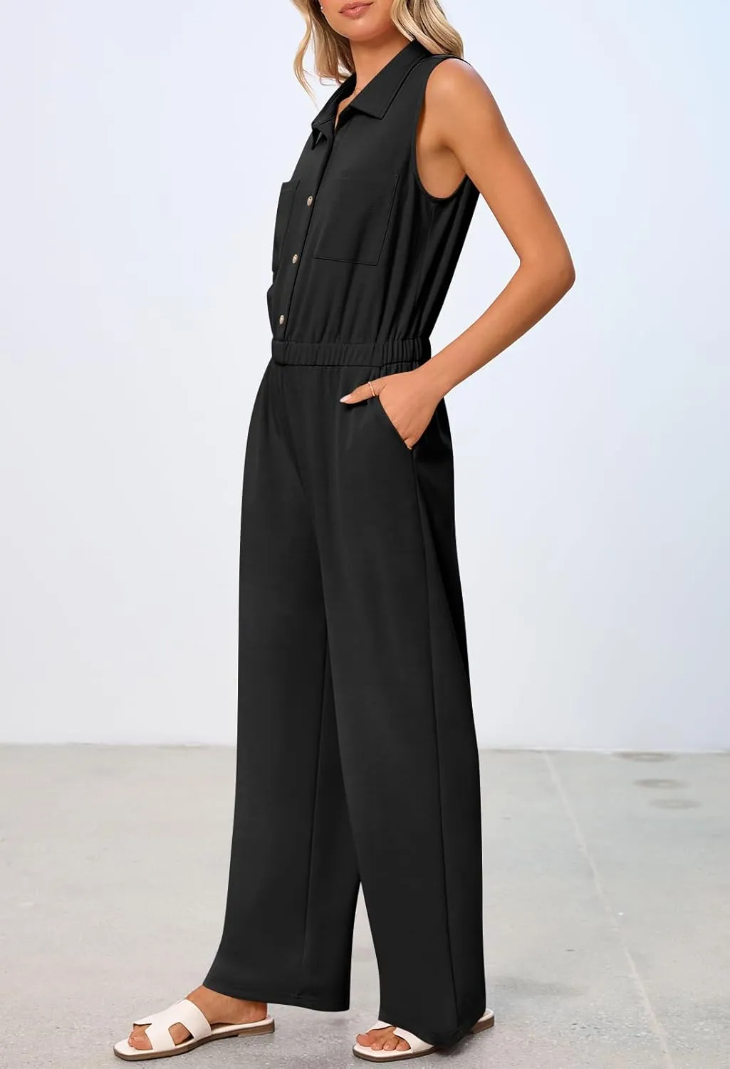 MEROKEETY Women's Summer Jumpsuits Dressy Casual One Piece Outfits Sleeveless Wide Leg Button Romper
