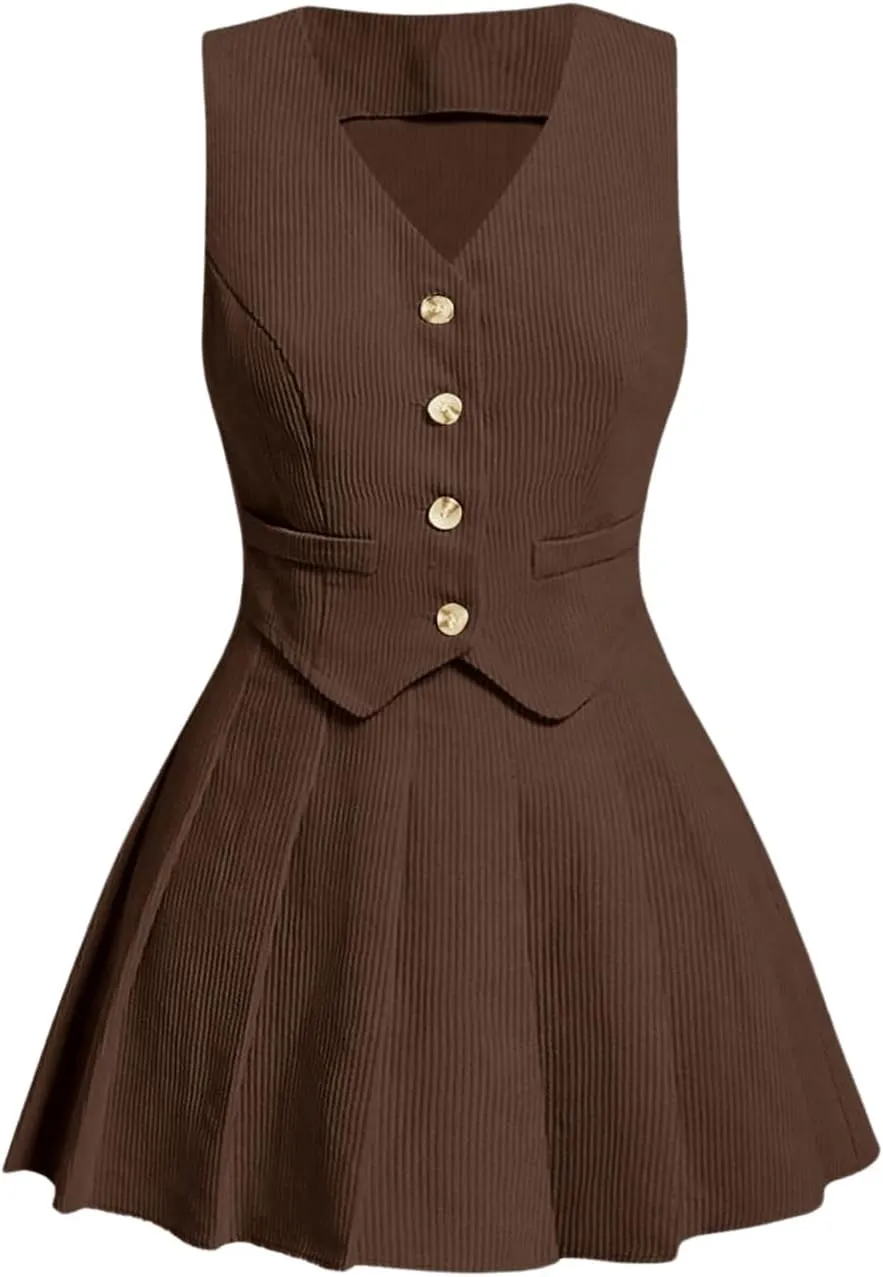 Milumia Women's 2 Piece Button Down Corduroy Vest Blazer Skirt Sets Fall Fashion Outfit