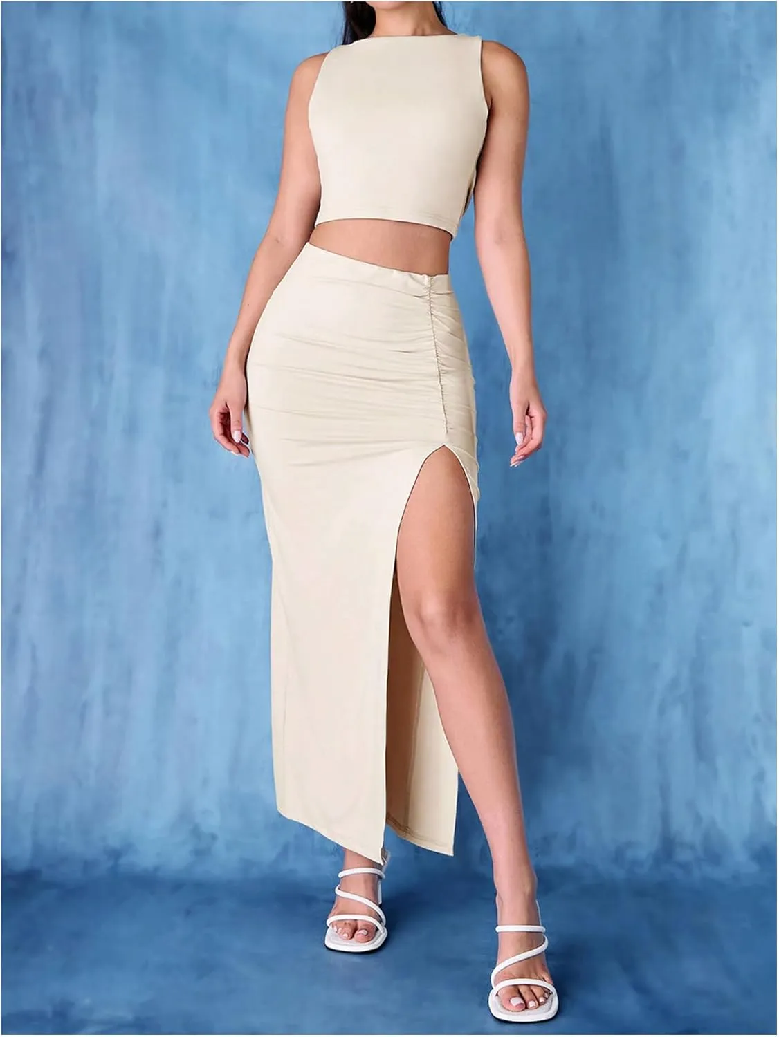 Milumia Women's 2 Piece Outfit Backless Crop Tank Top and Ruched Split Skirt Set