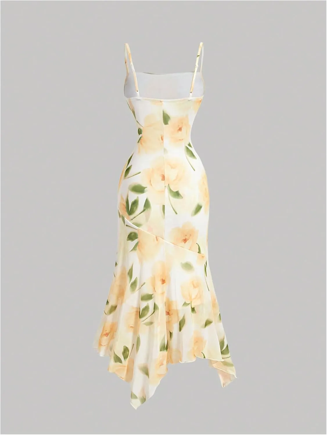 Milumia Women's Floral Print Ruched Spaghetti Straps Dress Asymmetrical Hem Cami Midi Dresses