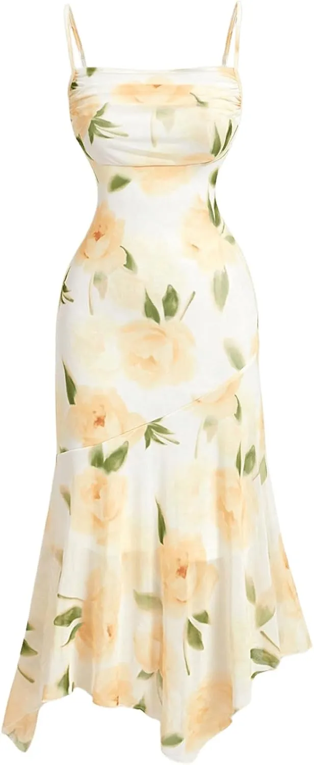 Milumia Women's Floral Print Ruched Spaghetti Straps Dress Asymmetrical Hem Cami Midi Dresses