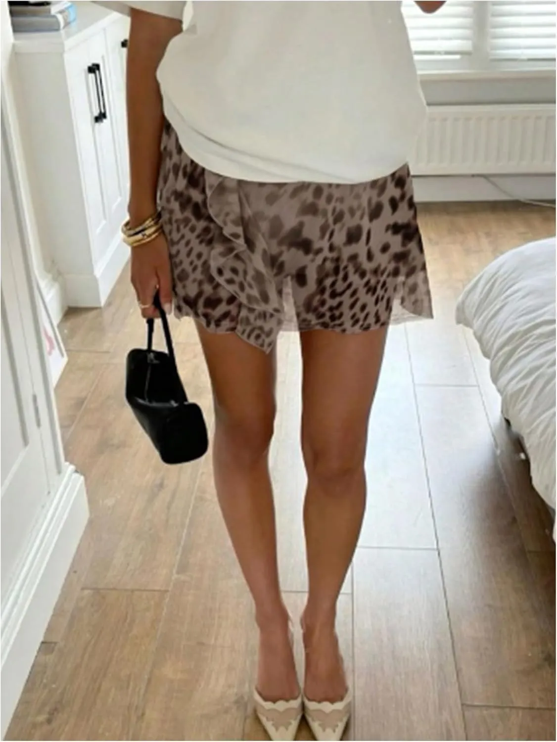 Milumia Women's Leopard Print Ruffle Trim Sheer Skirt High Rise Mesh Mini Skort