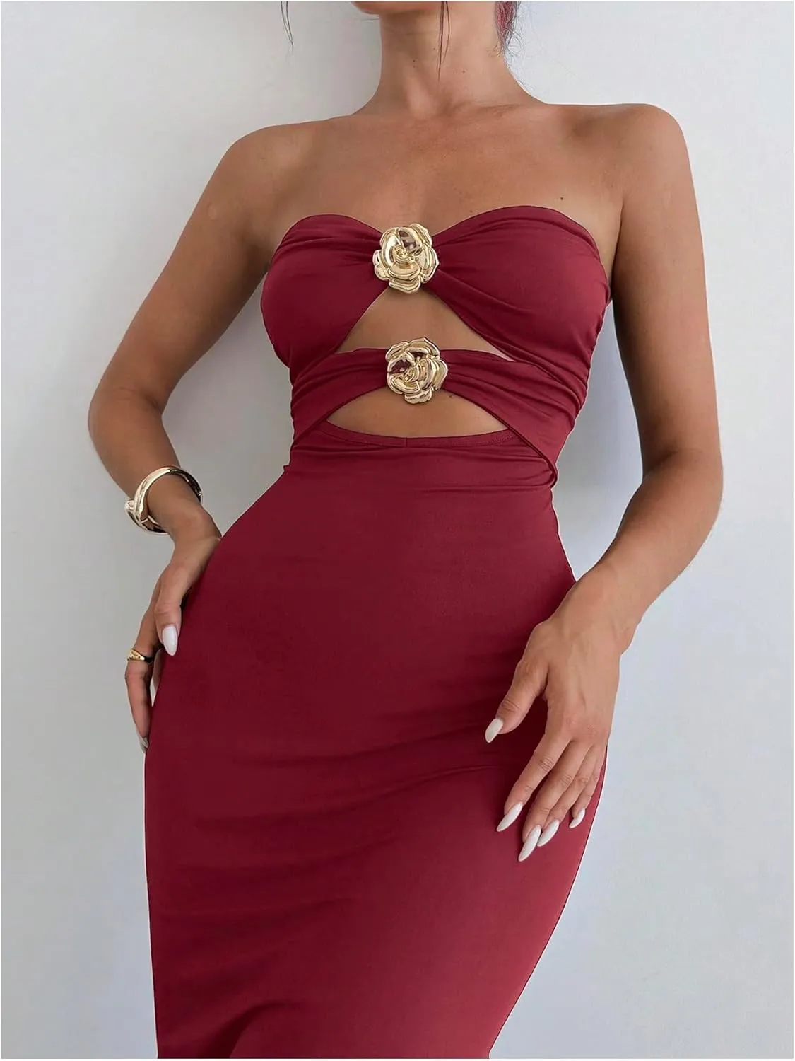 Milumia Women's Metal Decor Cut Out Strapless Bodycon Maxi Dress Fishtail Tube Top Dresses Party Cocktail
