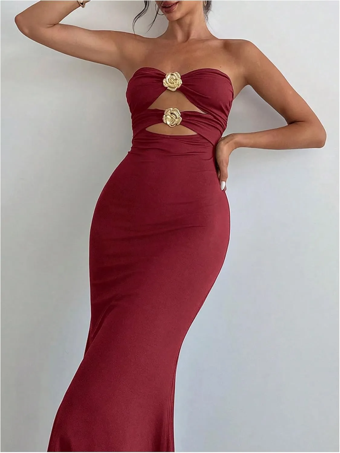 Milumia Women's Metal Decor Cut Out Strapless Bodycon Maxi Dress Fishtail Tube Top Dresses Party Cocktail