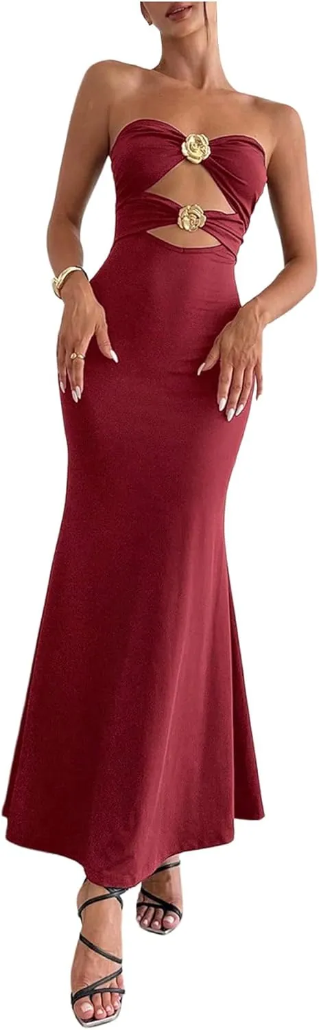 Milumia Women's Metal Decor Cut Out Strapless Bodycon Maxi Dress Fishtail Tube Top Dresses Party Cocktail