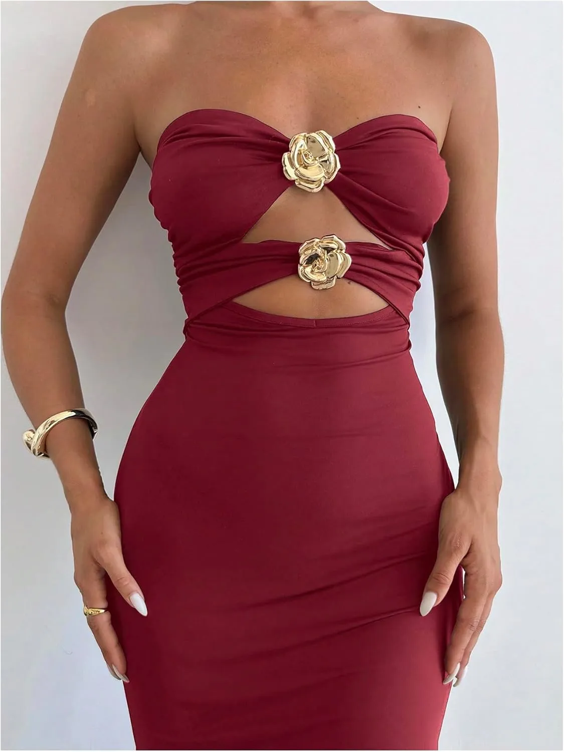 Milumia Women's Metal Decor Cut Out Strapless Bodycon Maxi Dress Fishtail Tube Top Dresses Party Cocktail