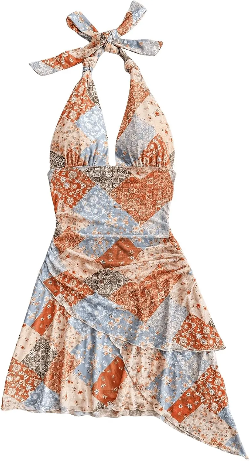 Milumia Women's Paisley Print Backless Halter Dress Layered Ruffle Hem Mini Dresses