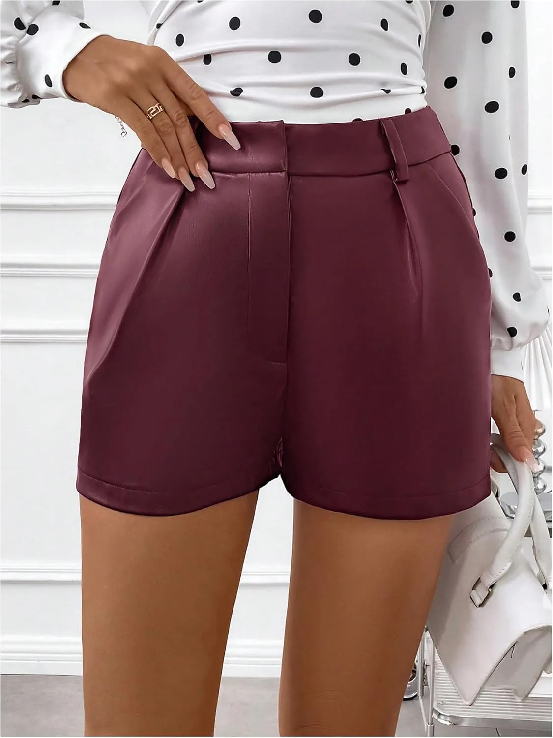 Milumia Women's PU Leather High Waisted Pleated Wide Leg Dressy Shorts with Pocket