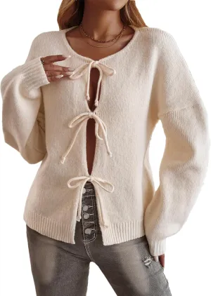 Mingzhu Womens Loose Bow Tie Open Front Cardigan Sweater Casual Long Sleeve Ribbed Knit Outwear