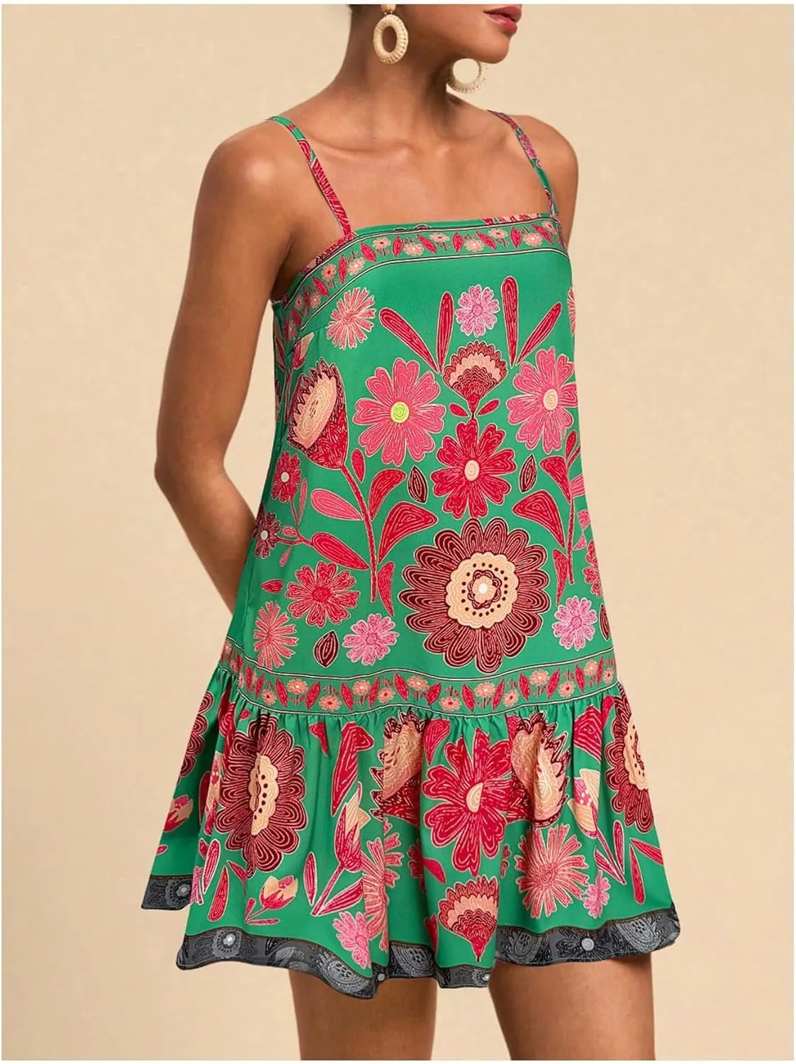 MISSACTIVER Women Sleeveless Floral Mini Dress Square Neck Ruffle Hem Spaghetti Strap Tank Dress Vacation Boho Sundress