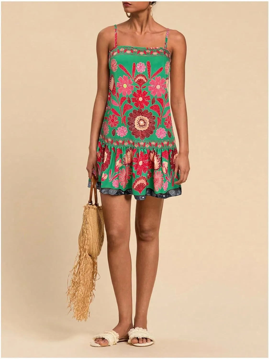 MISSACTIVER Women Sleeveless Floral Mini Dress Square Neck Ruffle Hem Spaghetti Strap Tank Dress Vacation Boho Sundress