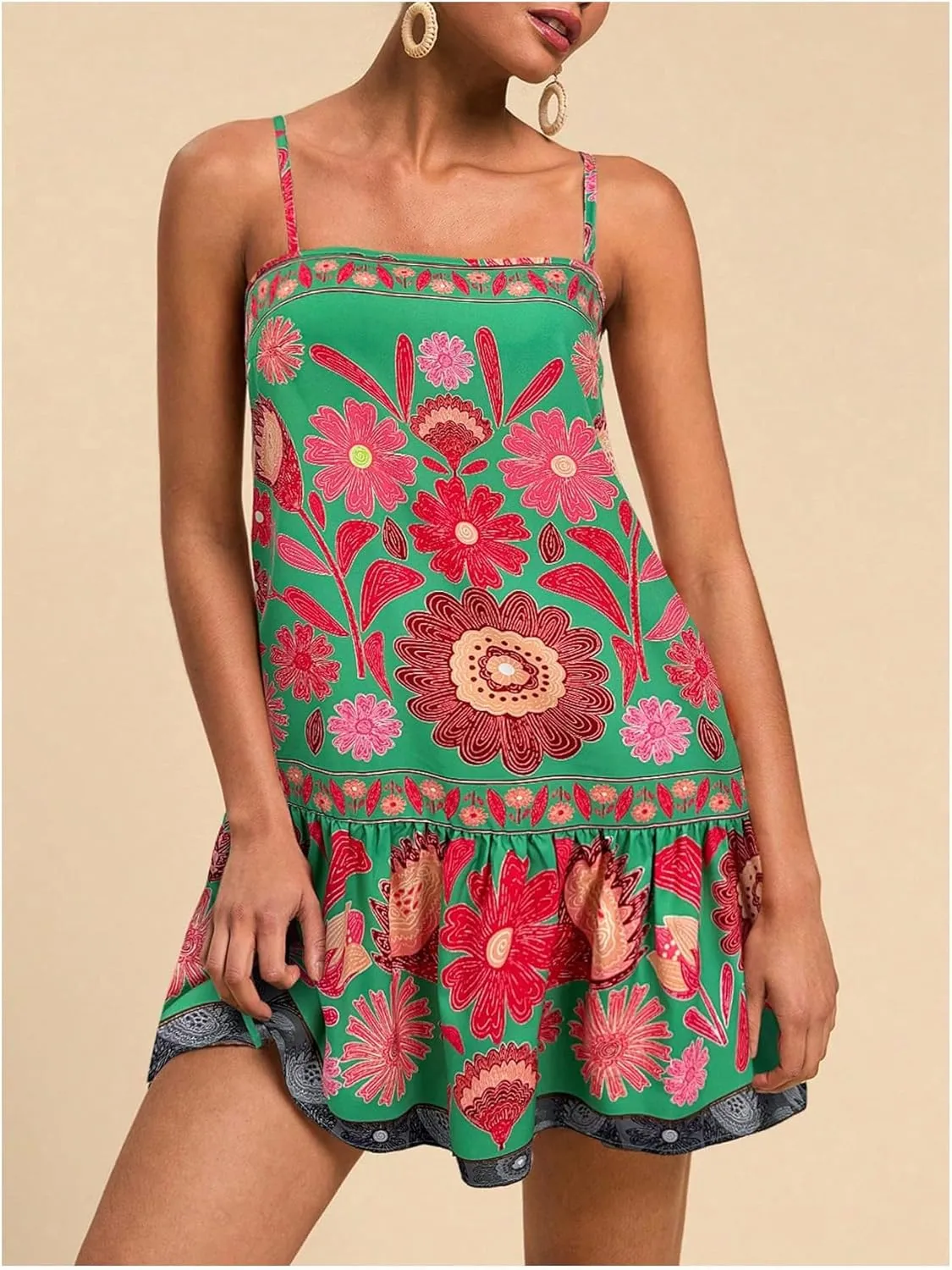 MISSACTIVER Women Sleeveless Floral Mini Dress Square Neck Ruffle Hem Spaghetti Strap Tank Dress Vacation Boho Sundress