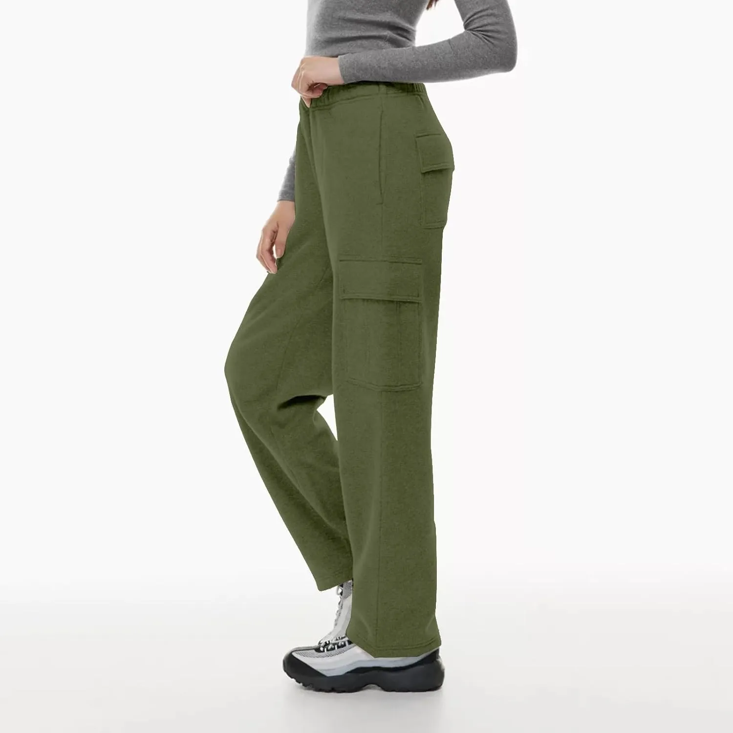 Miyaomn Casual Solid Cargo Trackpants for Women Athletic Loose Drawstring High Waisted Open Bottom Joggers with Flap Pockets