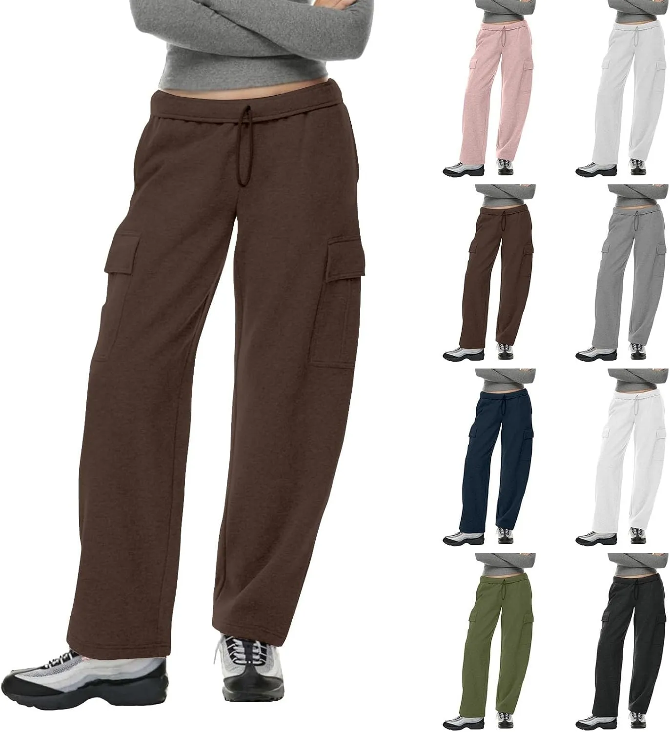 Miyaomn Casual Solid Cargo Trackpants for Women Athletic Loose Drawstring High Waisted Open Bottom Joggers with Flap Pockets