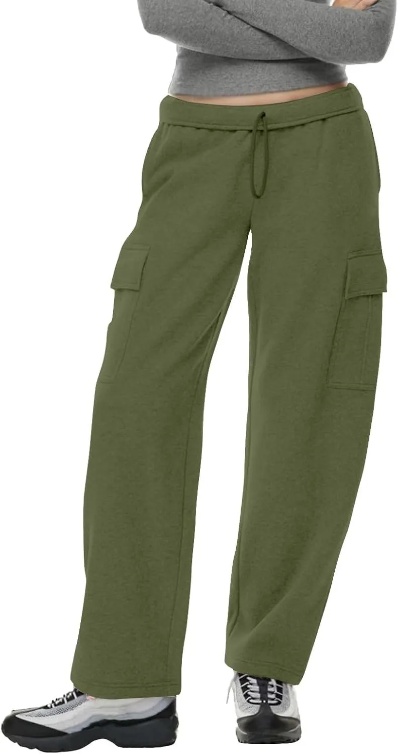 Miyaomn Casual Solid Cargo Trackpants for Women Athletic Loose Drawstring High Waisted Open Bottom Joggers with Flap Pockets
