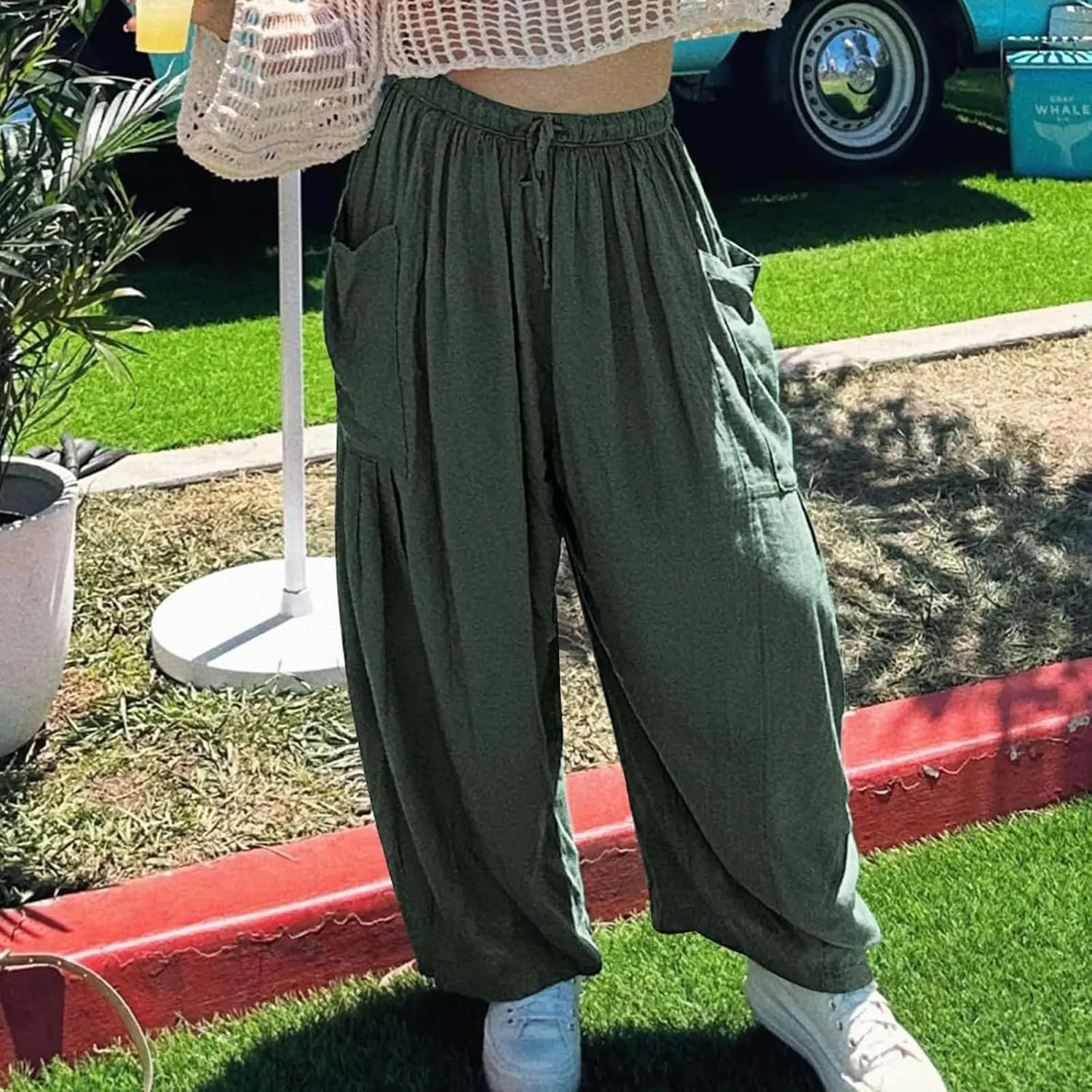 Miyaomn Women's Linen Baggy Wide Leg Pants Casual Drawstring Waisted Palazzo Harem Pants Lightweight Beach Trousers Pockets