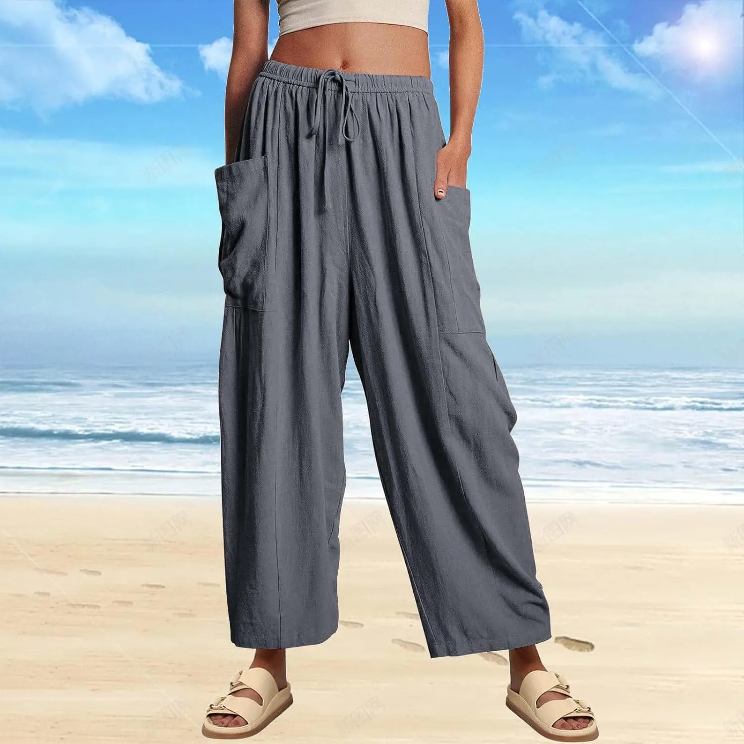 Miyaomn Women's Linen Baggy Wide Leg Pants Casual Drawstring Waisted Palazzo Harem Pants Lightweight Beach Trousers Pockets