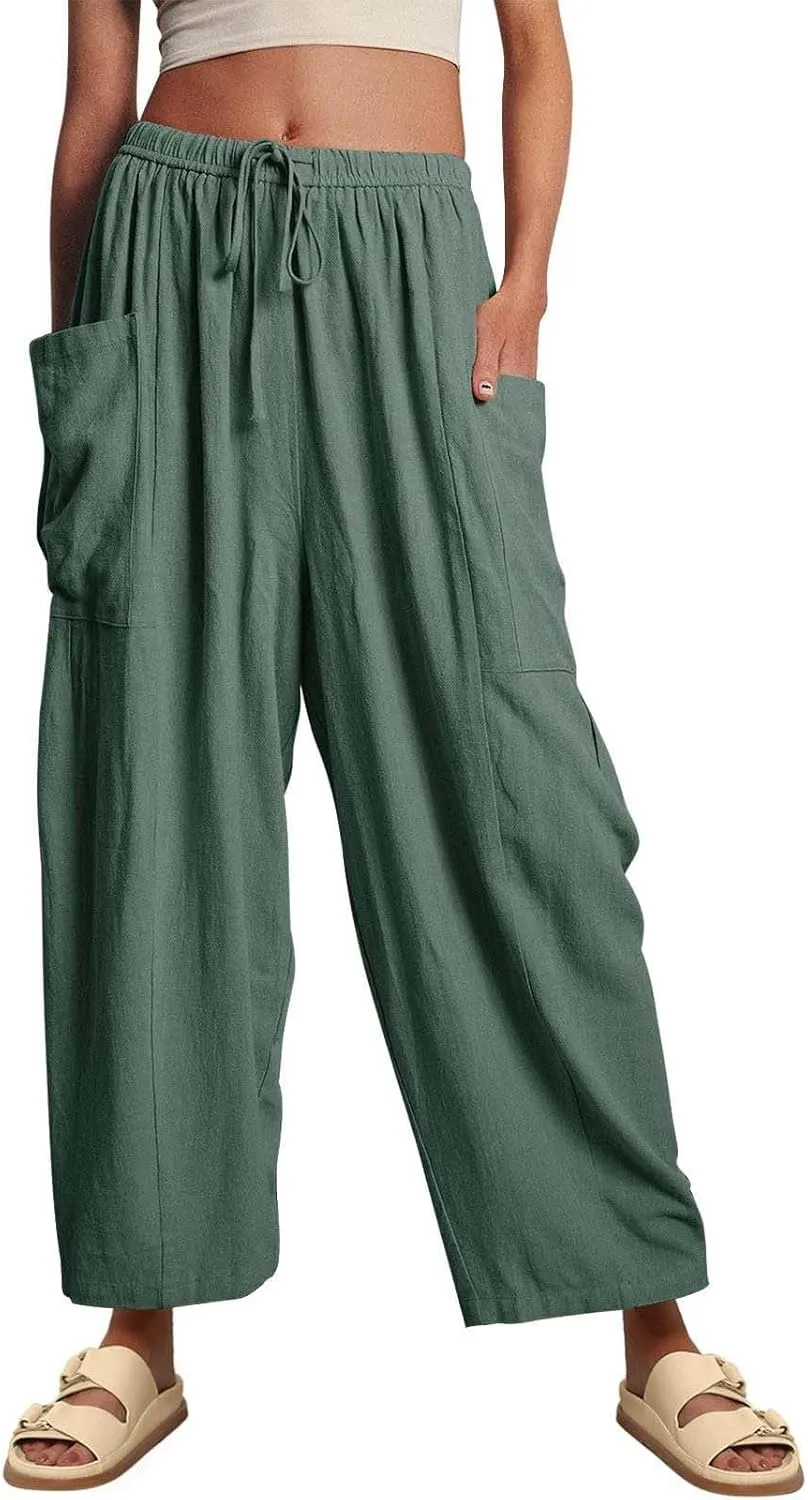 Miyaomn Women's Linen Baggy Wide Leg Pants Casual Drawstring Waisted Palazzo Harem Pants Lightweight Beach Trousers Pockets
