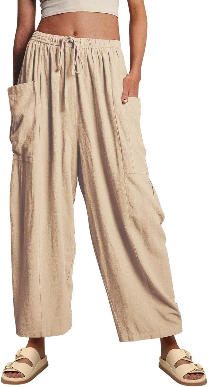 Miyaomn Women's Linen Baggy Wide Leg Pants Casual Drawstring Waisted Palazzo Harem Pants Lightweight Beach Trousers Pockets