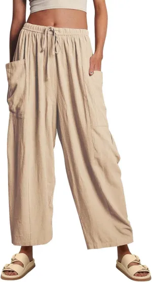 Miyaomn Women's Linen Baggy Wide Leg Pants Casual Drawstring Waisted Palazzo Harem Pants Lightweight Beach Trousers Pockets