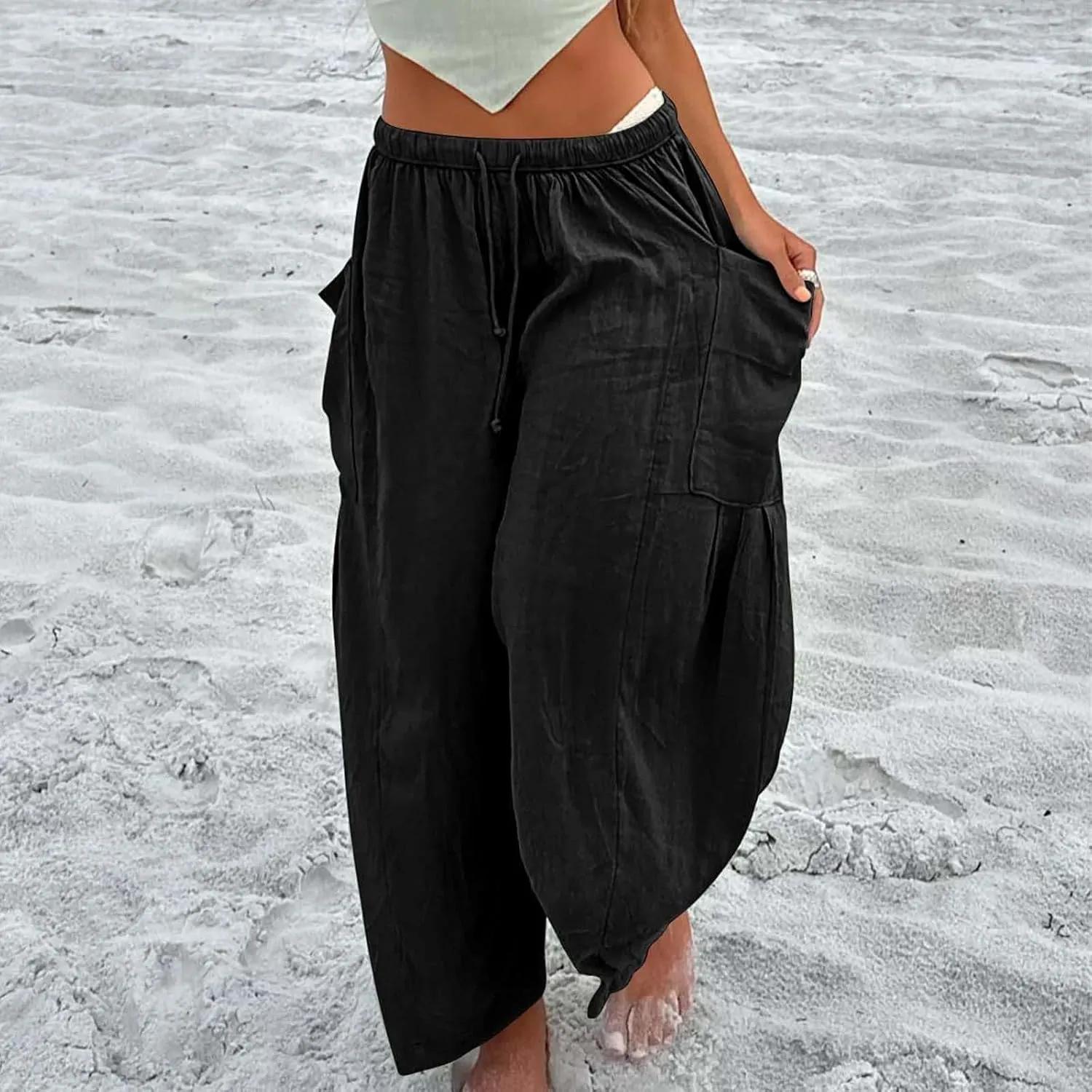 Miyaomn Women's Linen Baggy Wide Leg Pants Casual Drawstring Waisted Palazzo Harem Pants Lightweight Beach Trousers Pockets