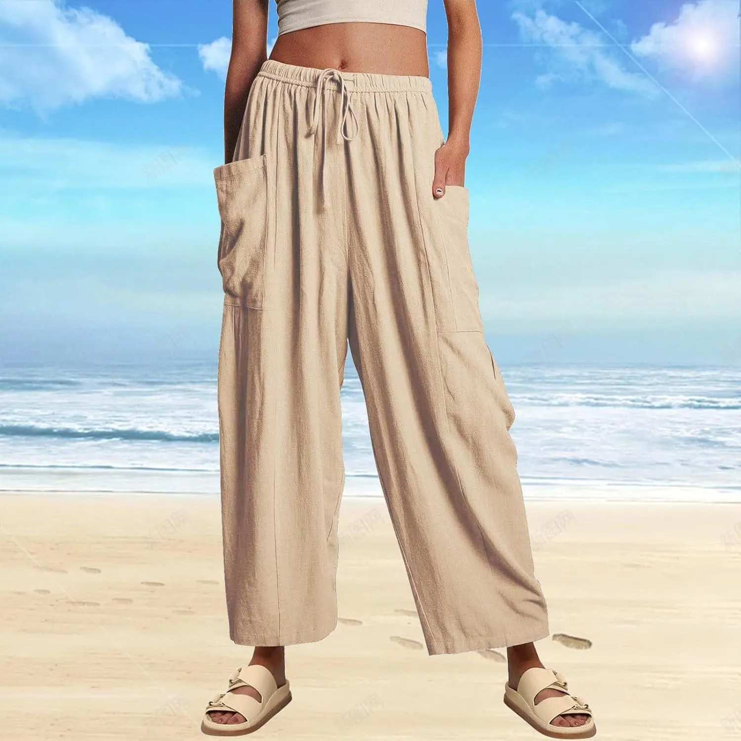 Miyaomn Women's Linen Baggy Wide Leg Pants Casual Drawstring Waisted Palazzo Harem Pants Lightweight Beach Trousers Pockets