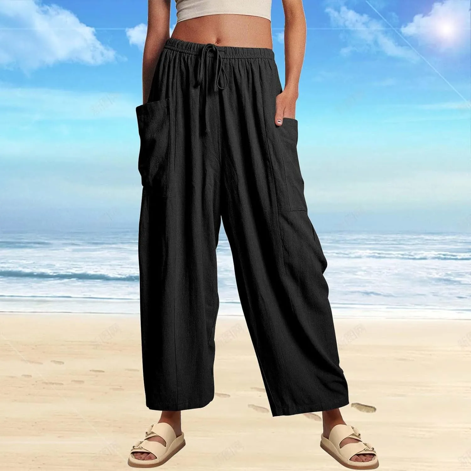 Miyaomn Women's Linen Baggy Wide Leg Pants Casual Drawstring Waisted Palazzo Harem Pants Lightweight Beach Trousers Pockets