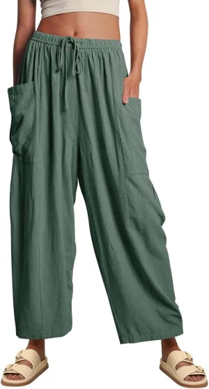 Miyaomn Women's Linen Baggy Wide Leg Pants Casual Drawstring Waisted Palazzo Harem Pants Lightweight Beach Trousers Pockets