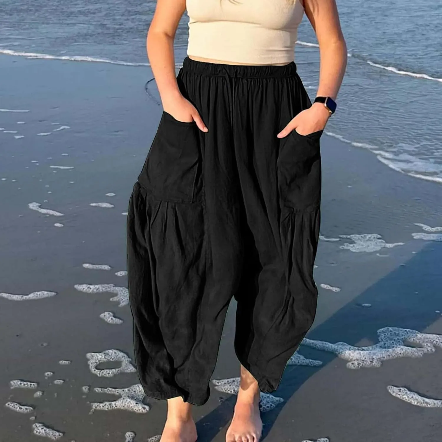 Miyaomn Women's Linen Baggy Wide Leg Pants Casual Drawstring Waisted Palazzo Harem Pants Lightweight Beach Trousers Pockets