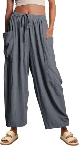 Miyaomn Women's Linen Baggy Wide Leg Pants Casual Drawstring Waisted Palazzo Harem Pants Lightweight Beach Trousers Pockets