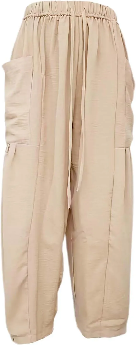 Miyaomn Women's Linen Baggy Wide Leg Pants Casual Drawstring Waisted Palazzo Harem Pants Lightweight Beach Trousers Pockets