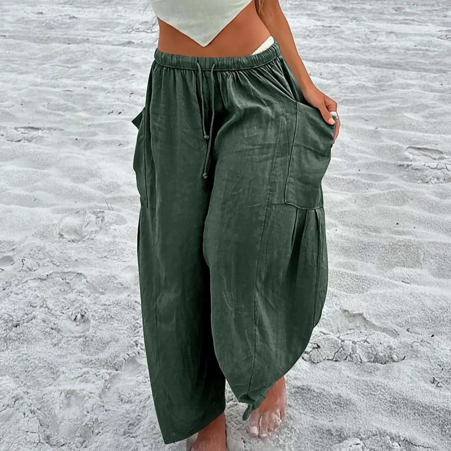 Miyaomn Women's Linen Baggy Wide Leg Pants Casual Drawstring Waisted Palazzo Harem Pants Lightweight Beach Trousers Pockets