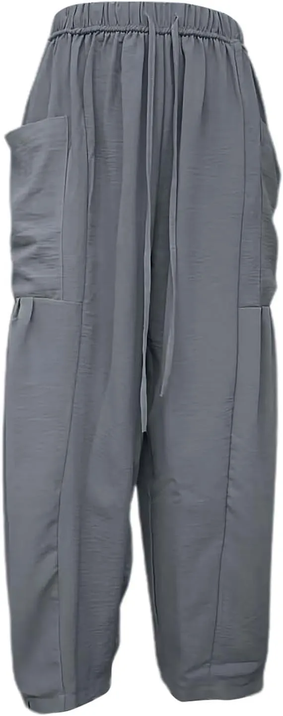 Miyaomn Women's Linen Baggy Wide Leg Pants Casual Drawstring Waisted Palazzo Harem Pants Lightweight Beach Trousers Pockets