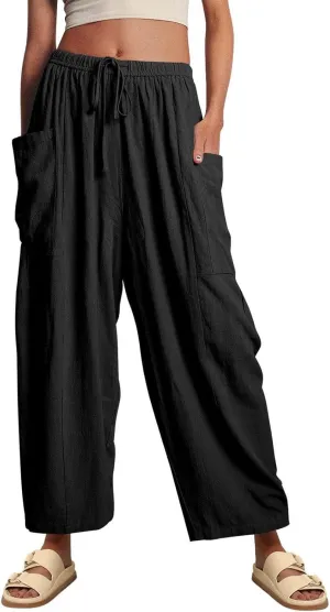 Miyaomn Women's Linen Baggy Wide Leg Pants Casual Drawstring Waisted Palazzo Harem Pants Lightweight Beach Trousers Pockets