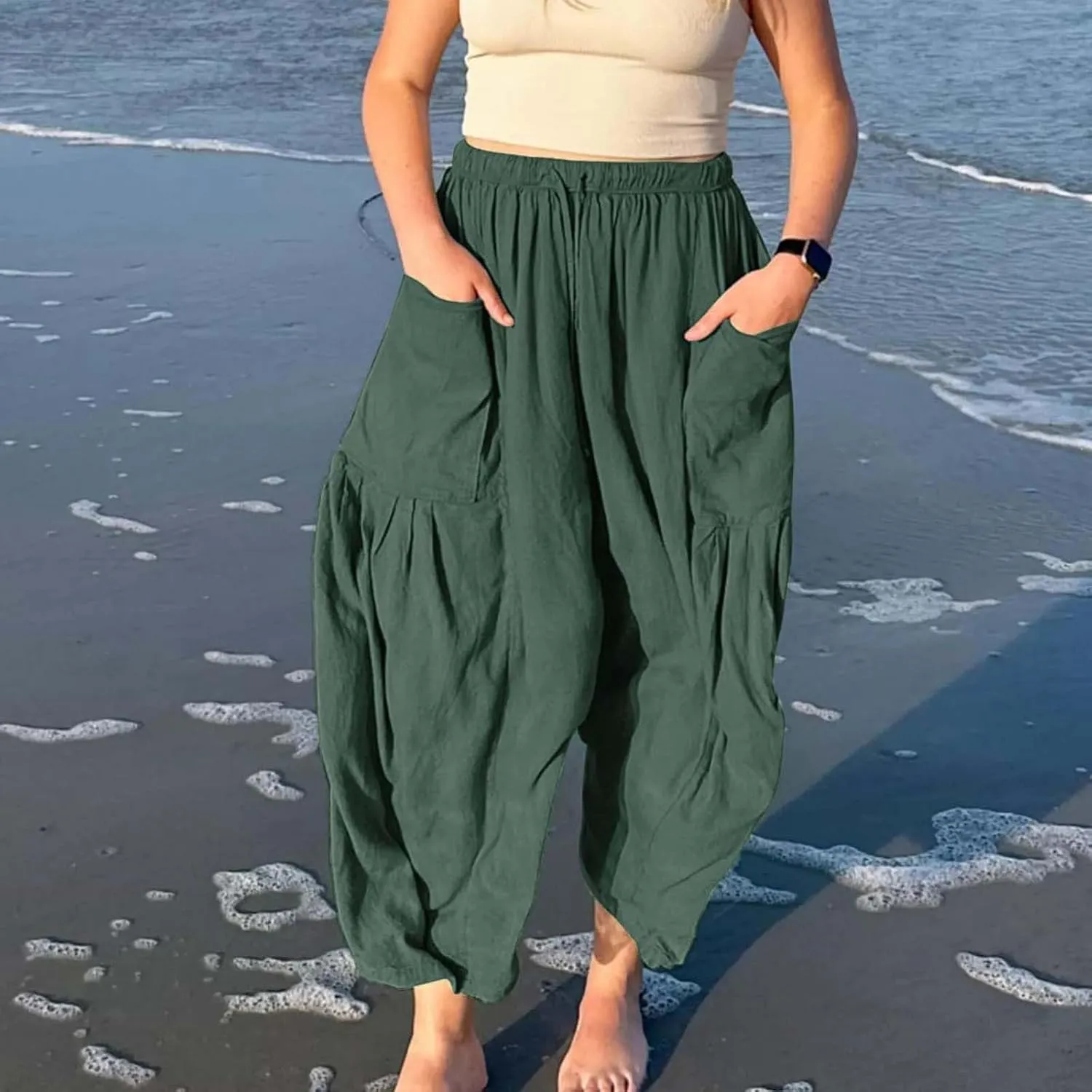 Miyaomn Women's Linen Baggy Wide Leg Pants Casual Drawstring Waisted Palazzo Harem Pants Lightweight Beach Trousers Pockets