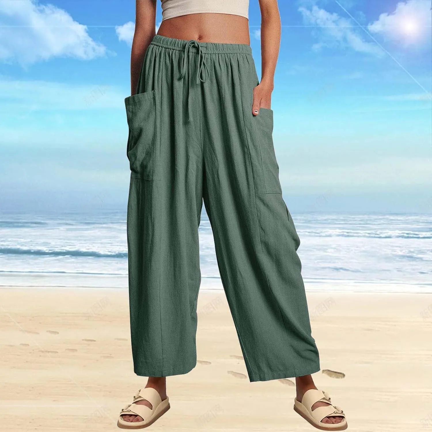 Miyaomn Women's Linen Baggy Wide Leg Pants Casual Drawstring Waisted Palazzo Harem Pants Lightweight Beach Trousers Pockets