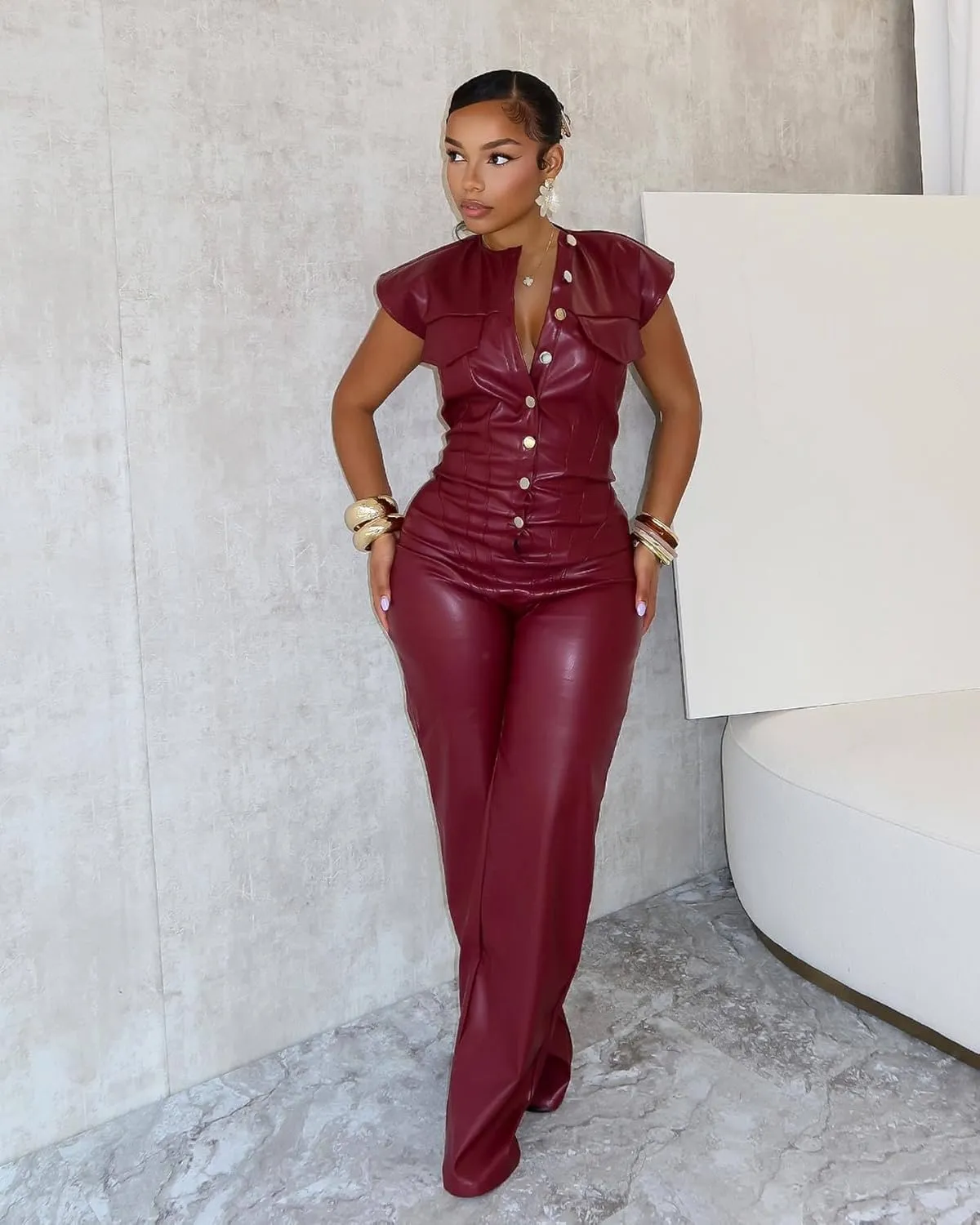 Molilove Womens Leather Jumpsuit Sexy Sleeveless Button Top Bodycon Jumpsuit Faux Leather Cargo Pants Romper Party Clubwear