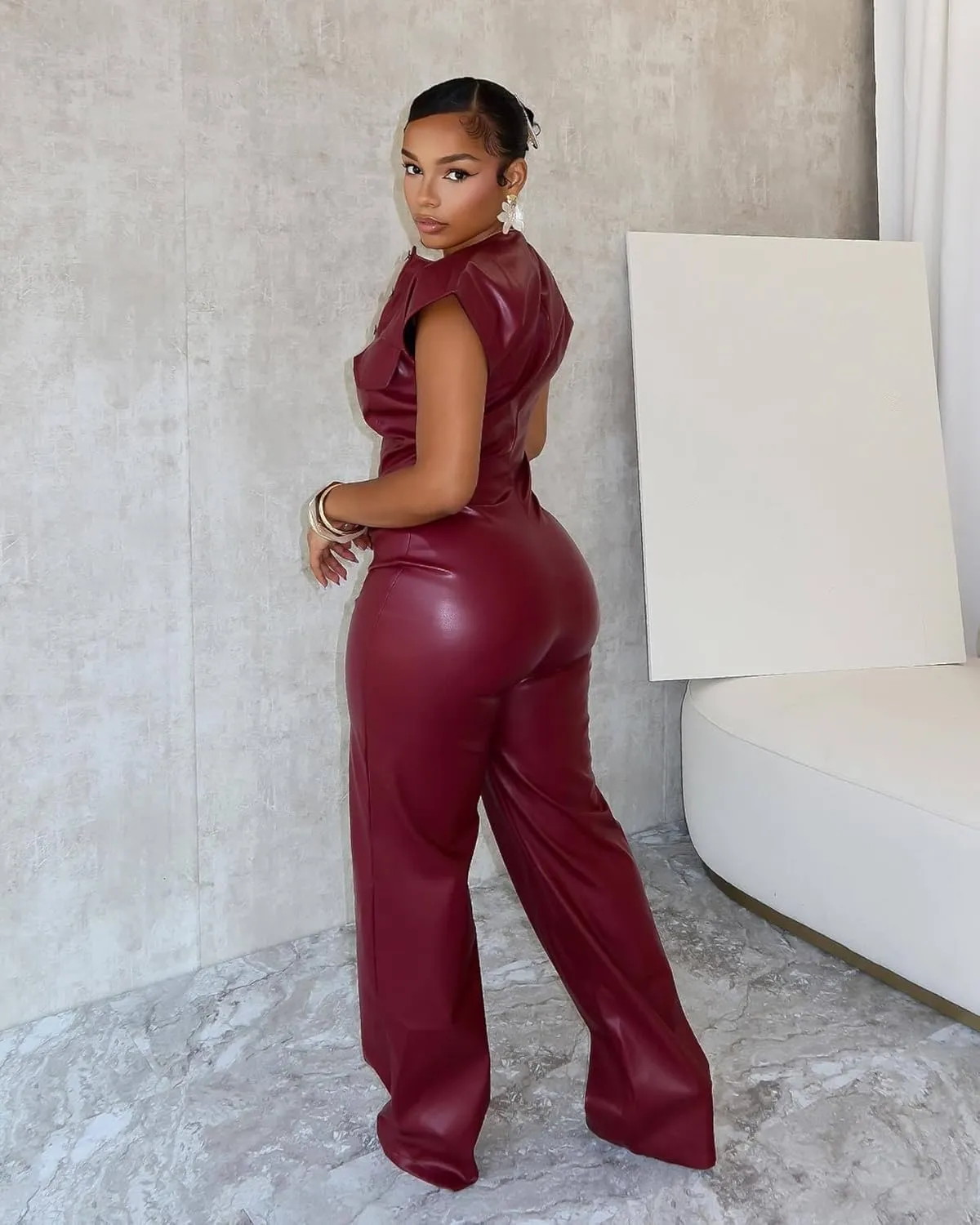 Molilove Womens Leather Jumpsuit Sexy Sleeveless Button Top Bodycon Jumpsuit Faux Leather Cargo Pants Romper Party Clubwear