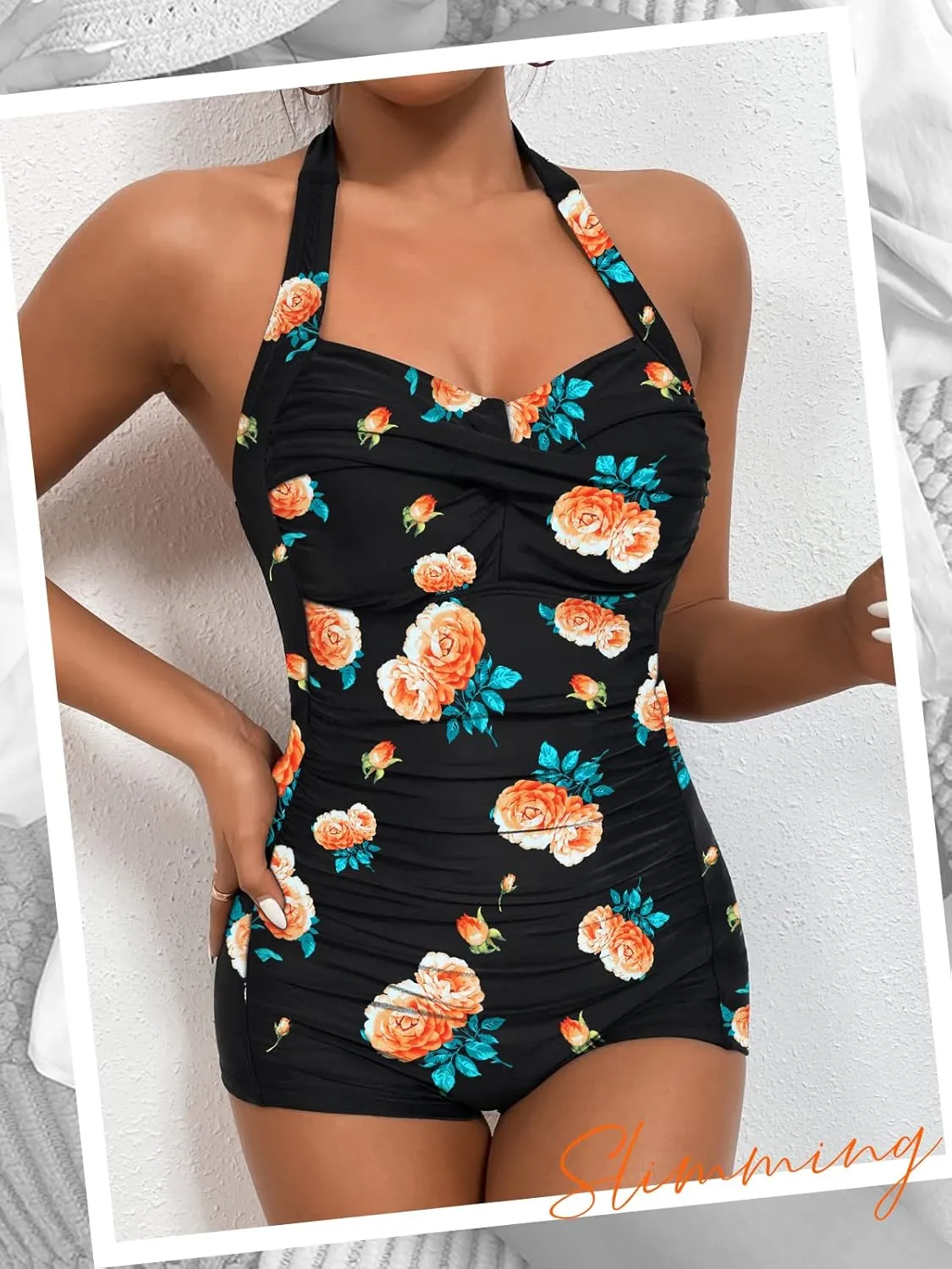 MOLYBELL Womens Boyleg Ruched Swimsuit One Piece Bathing Suit Tummy Control