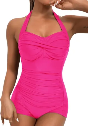 MOLYBELL Womens Boyleg Ruched Swimsuit One Piece Bathing Suit Tummy Control